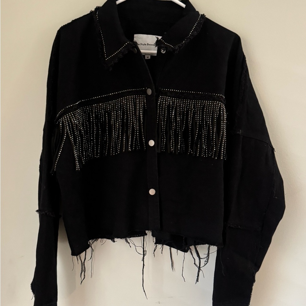 Black Studded Fringe Cropped Jean Jacket western rhinestone